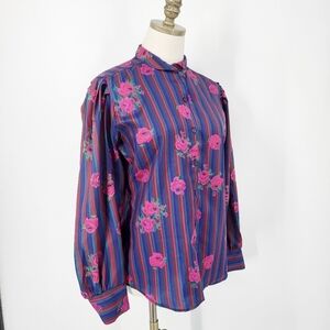 Vintage Button Down Blouse Striped Floral Puff Sleeve Jewel Tones Medium